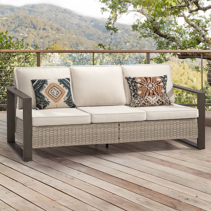 Cozywor Wicker Outdoor Patio Sofa Steel Frame with Beige Cushions