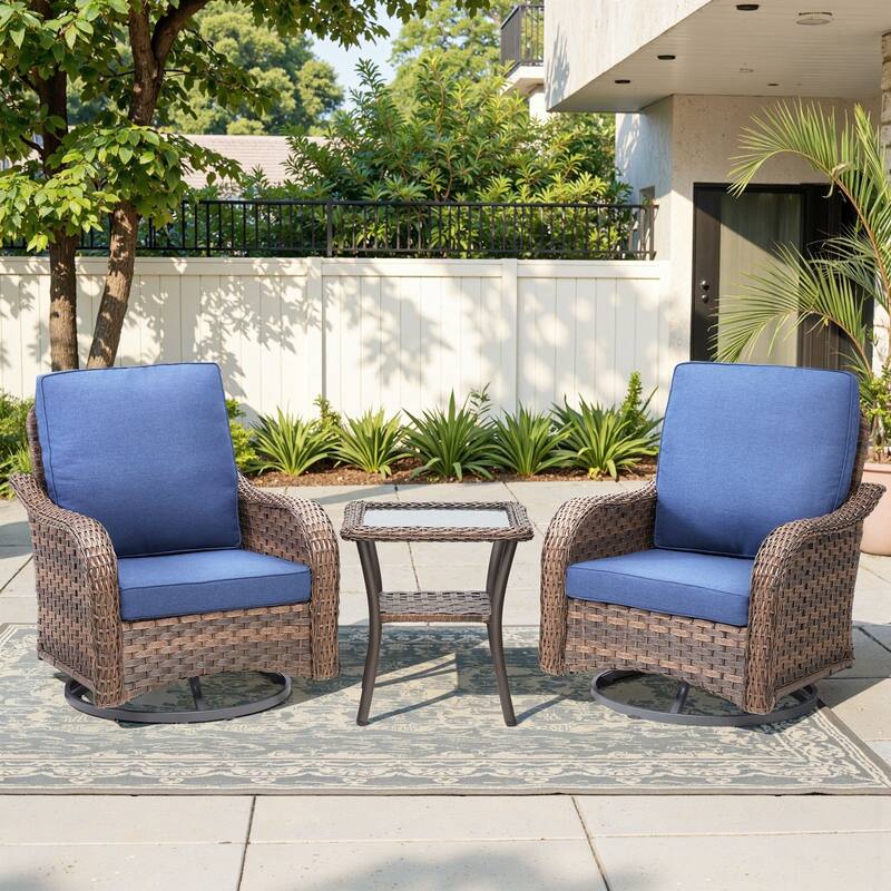 Cavira 3-Piece Brown Wicker Outdoor Patio Swivel Glider Chairs with Side Table