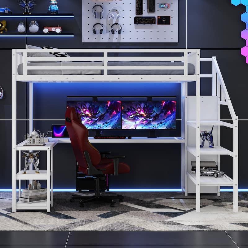 Metal Queen Loft Bed with Wardrobe and LED Light, Queen Size Loft Bed with L Shaped Desk and USB for Kids Teens Adults