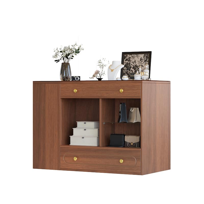 Closet Island with 6 Drawers, Wardrobe Armoire Bedroom Island with Glass Display Top and Open Shelves, Jewelry Storage