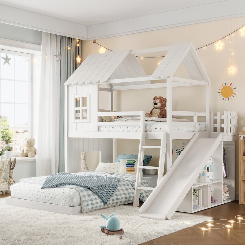 Twin over Full House Bunk Bed with Ladders and Slides, House Floor Bunk Bed with Storage Shelves and Wardrobe - Light White