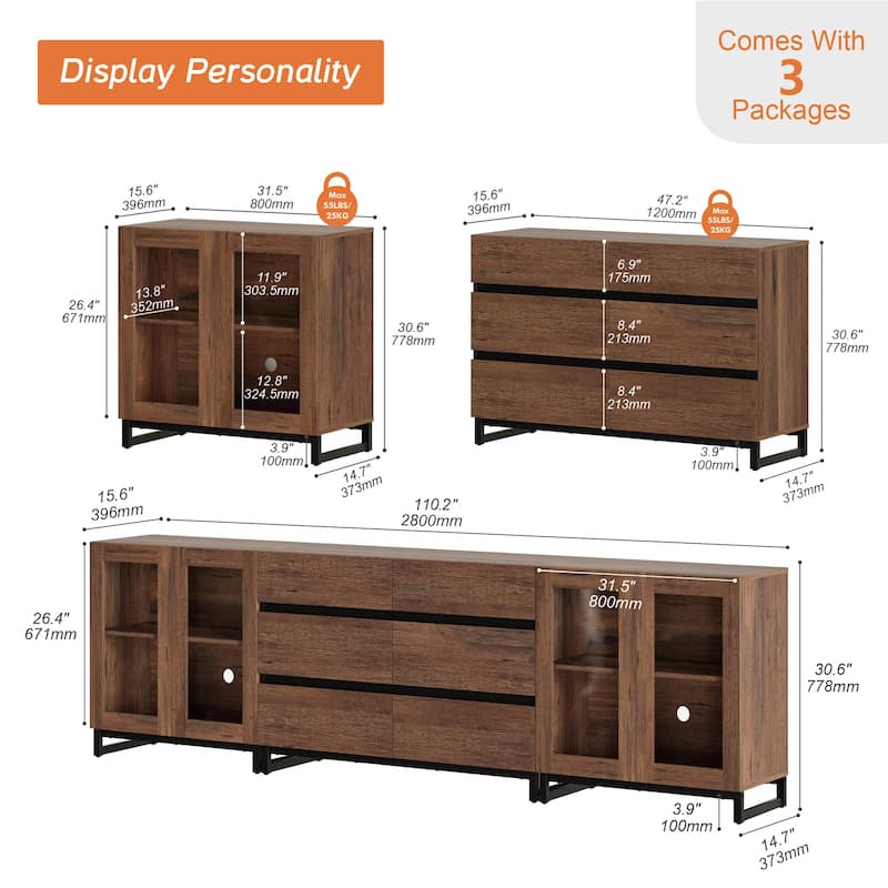 3 in 1 TV Stand for TVs up to 120 inches, Modern TV Console with Glass Doors and 6 Drawers for Living Room, Bedroom