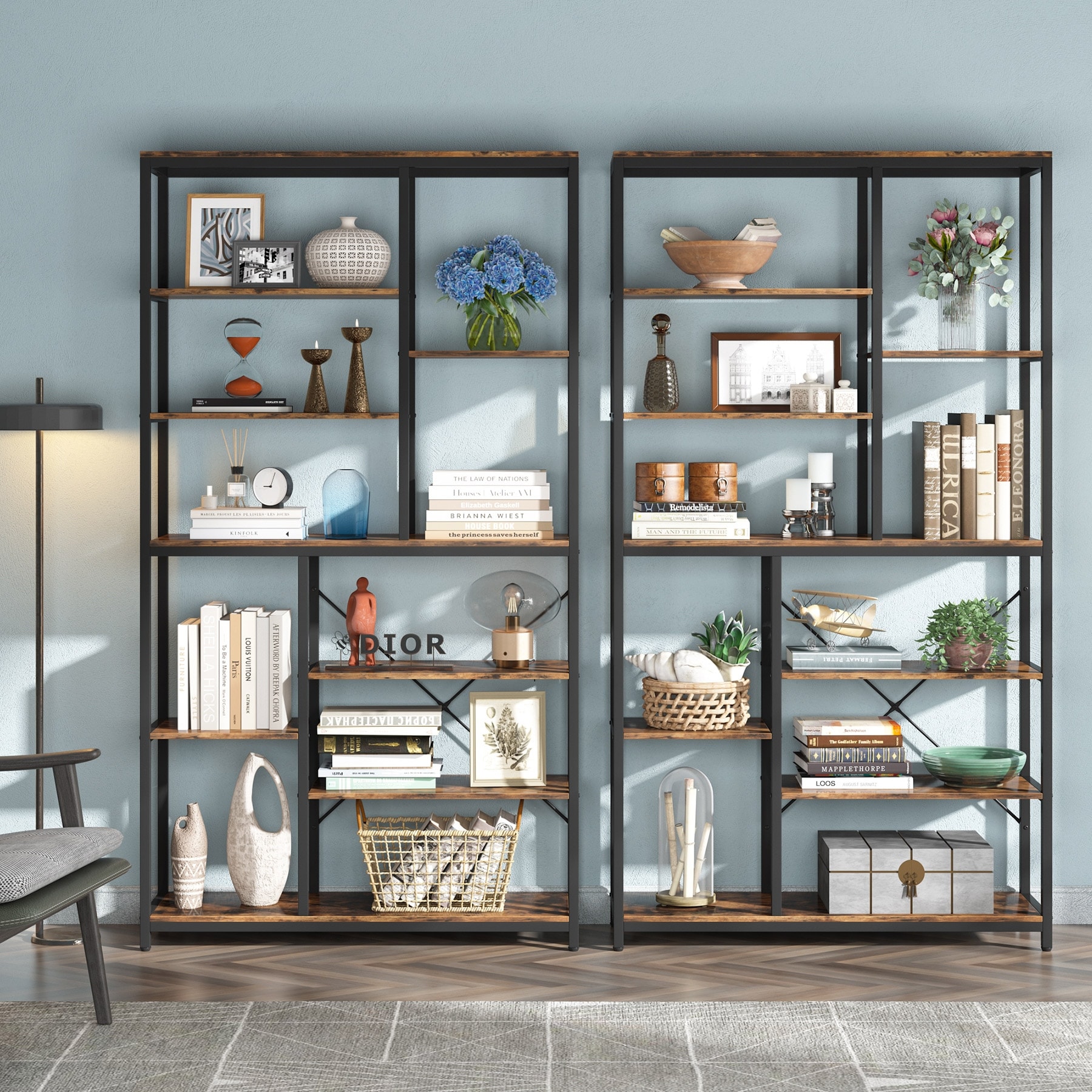 8-Tier Staggered Bookcase, Modern Freestanding Open bookshelf
