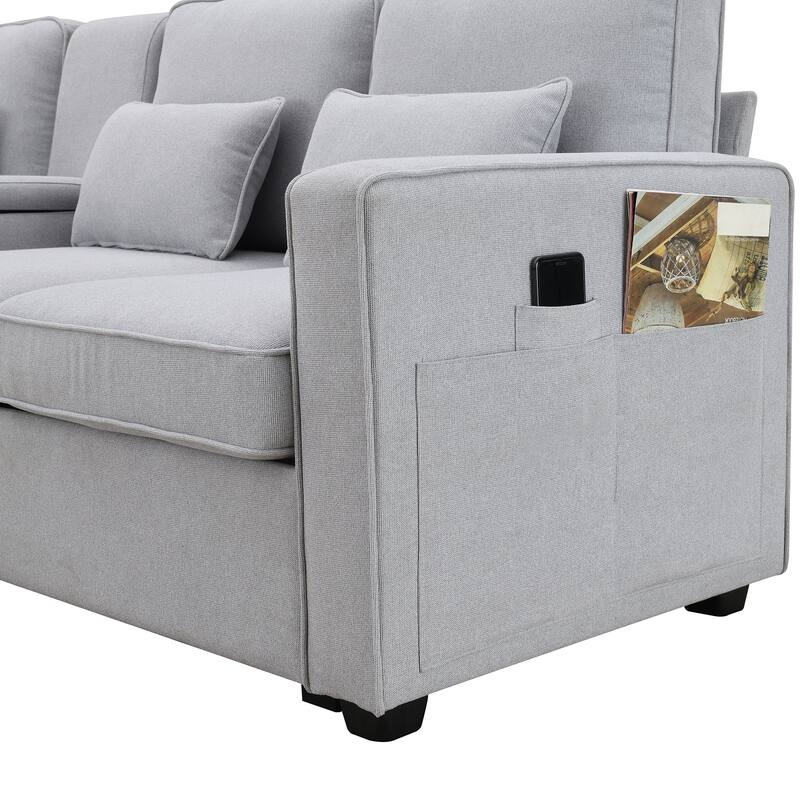 114.2" Linen Fabric Upholstered Sofa with 2 USB Ports and 2 Cupholders