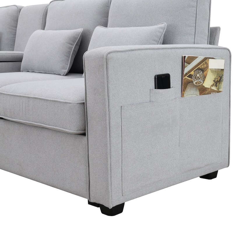 Modern 4-Seat Sofa with Console, Wireless Charging, 2 Cupholders, and 4 Pillows, Upholstered in Linen Fabric