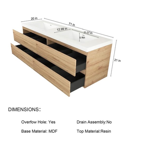 dimension image slide 1 of 2, Floating Bathroom Vanity with Integrated Resin Top