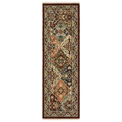 Style Haven Leander Panel Medallion Red/ Multi Fringed Wool Blend Area Rug.