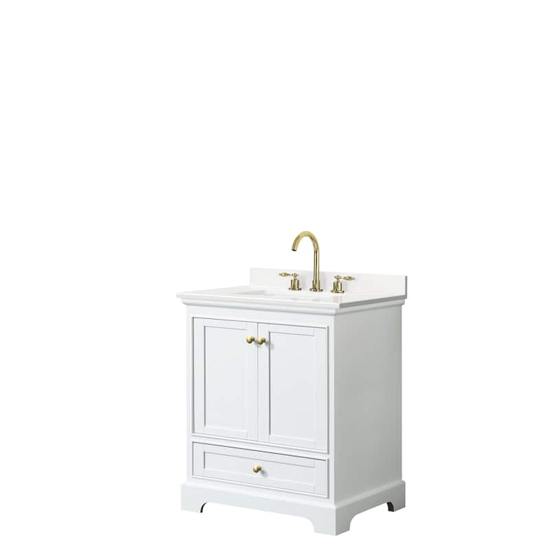 Deborah 30-inch Single Vanity, Quartz Top - White, Gold Trim, White Quartz Top