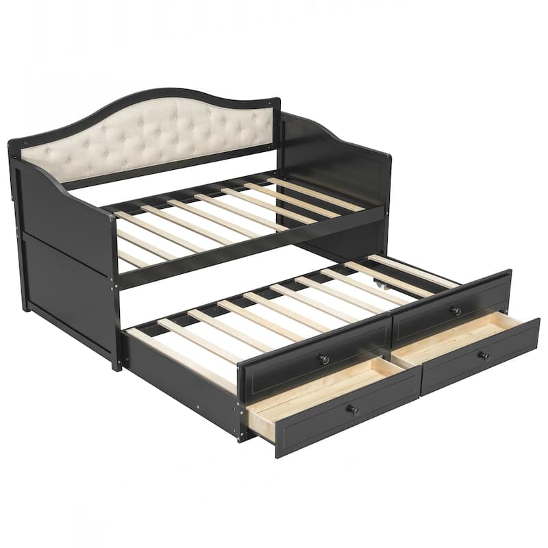 Twin Daybed with Trundle, Twin Size Daybed with 2 Storage Drawers, Wooden Sofa Bed with Upholstered Button Tufted Backrest