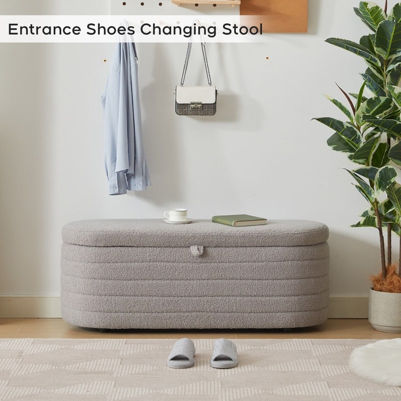 45" White Teddy Storage Ottoman Bench for Living Room Bedroom,Oval Sherpa Storage Bench Ottoman Foot Rest Anti-slip Legs