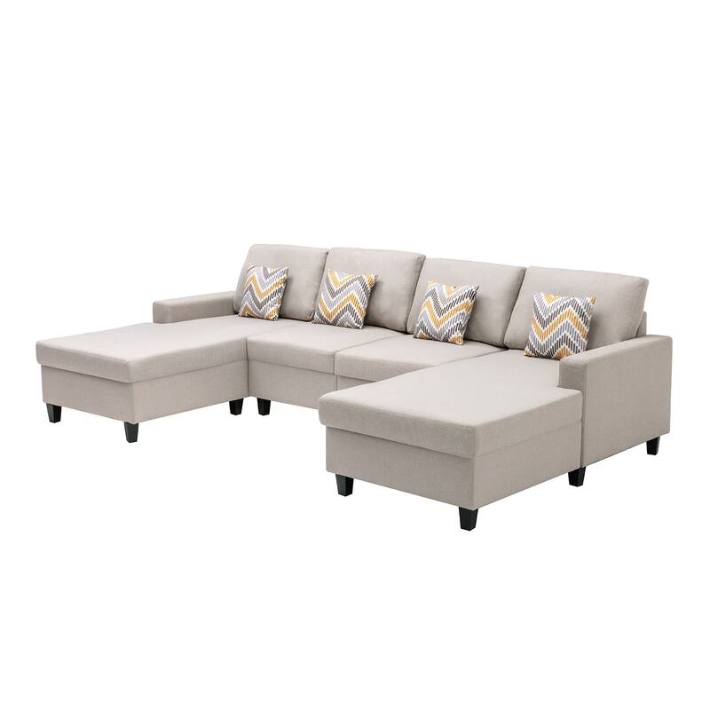 Linen Fabric 4 Piece Double Chaise Sectional Sofa with 4 Pillows and Interchangeable Legs