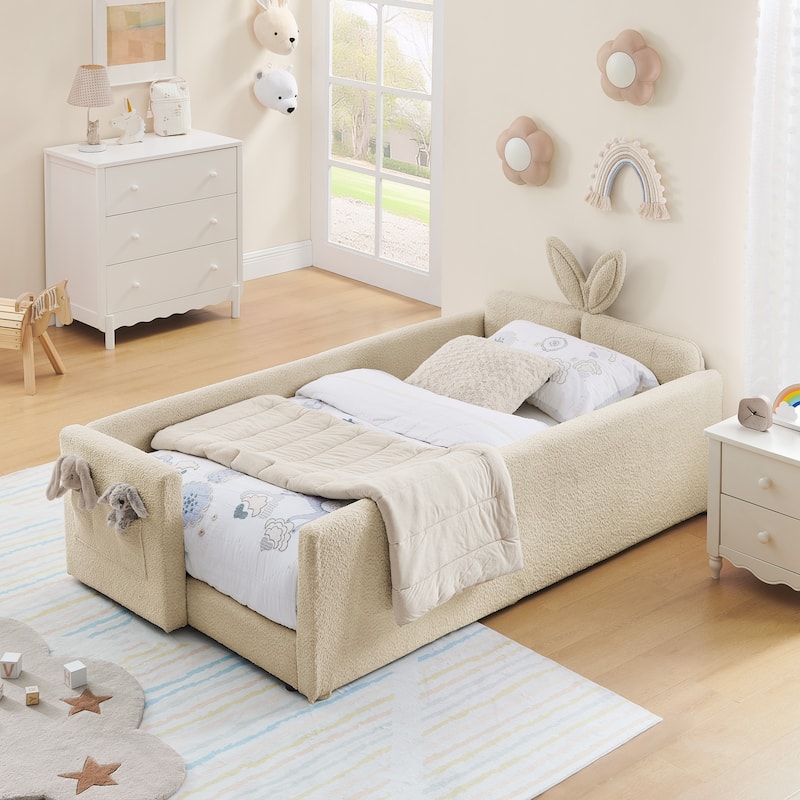 Twin Size Platform Bed Upholstered Bed with Safety Rail and Pocket, Kids Bed with RabbitEar, Skin-friendly Boucle Fabric
