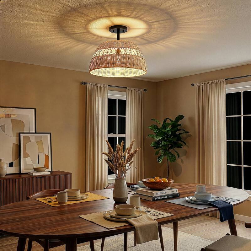 Twinre Rattan Semi-Flush Ceiling Light, Farmhouse Double Light Fixture - Rattan