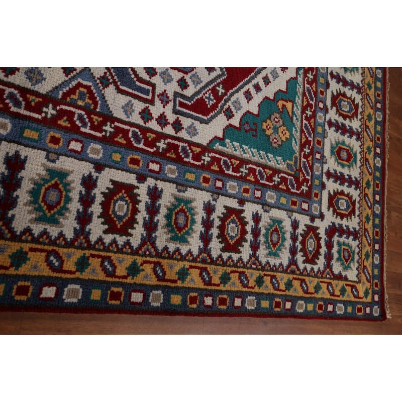 Geometric Kazak Area Rug Hand-Knotted Blue Oriental Wool Carpet - 8'10" x 11'8"