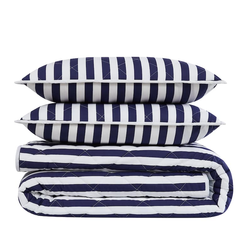 Brooklyn Loom Levi Stripe 3 Piece Quilt Set - Twin - Twin XL - White/Navy