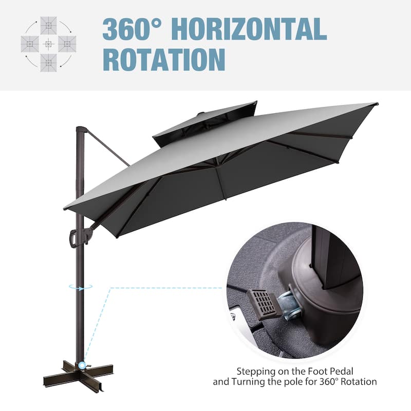 VredHom Double Top 10x10 FT Square Patio Cantilever Umbrella with Rod Wheel Base