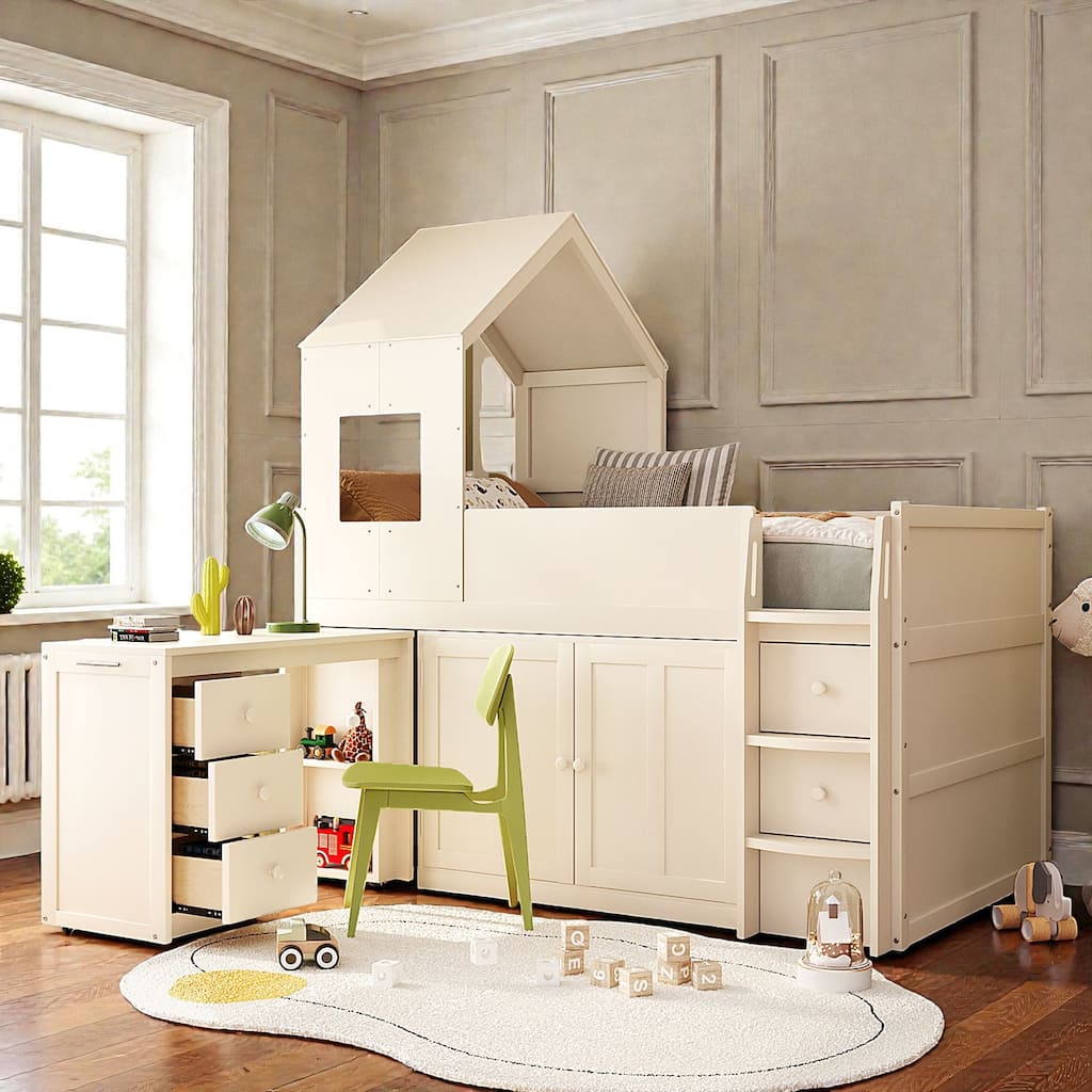 Twin Wooden Loft Bed with Rolling Desk, Storage Drawers and Cabinets, House Style Kids Loft Bed with Stairs