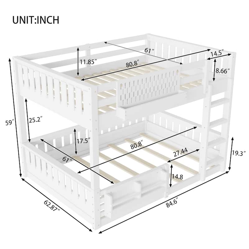 Queen over Queen Bunk Bed with Ladder, Guardrails, Pegboard Storage & Built-In Bookshelf, Solid Wood Frame
