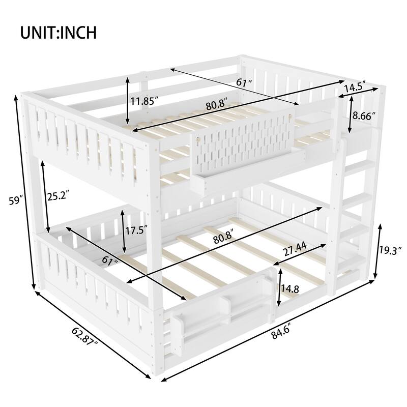 Wooden Bunk Bed of 3 Kinds Size with Pegboard, Bookshelf and Guardrails, Detachable Bunk Bed Convertible 2 Platform Beds