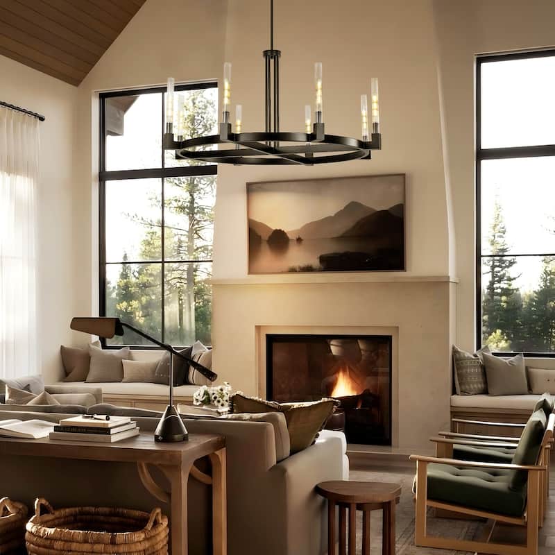 8-Light Mid-Century Modern Black Wagon Wheel Chandelier/Large Chandelier with Ribbed Glass Shade - 47.2 in. W x 23.6 in. H
