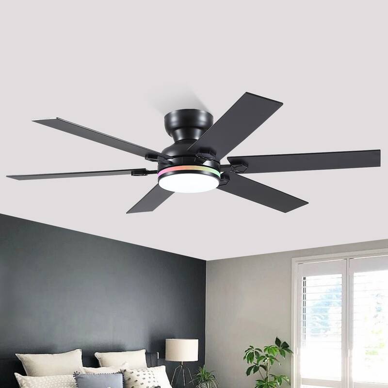 46/52 inch Flush Mount Ceiling Fan with Light,Remote and APP Control,6 Dual Side Blades,Reversible DC Motor