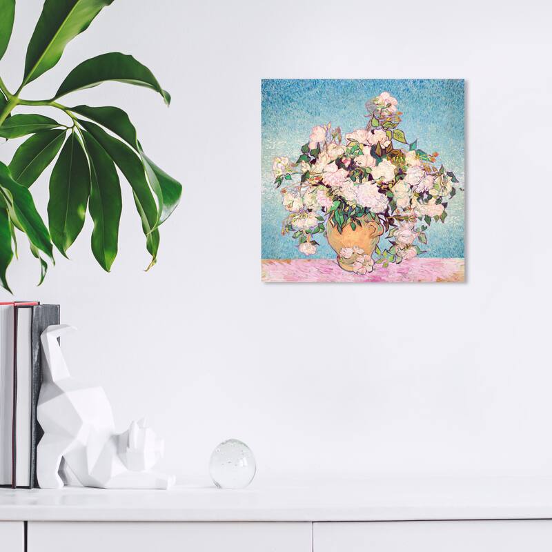 Wynwood Studio Canvas Floral and Botanical Impressionist Vase with Roses Pink and Traditional Wall Art Canvas Print - 12 x 12