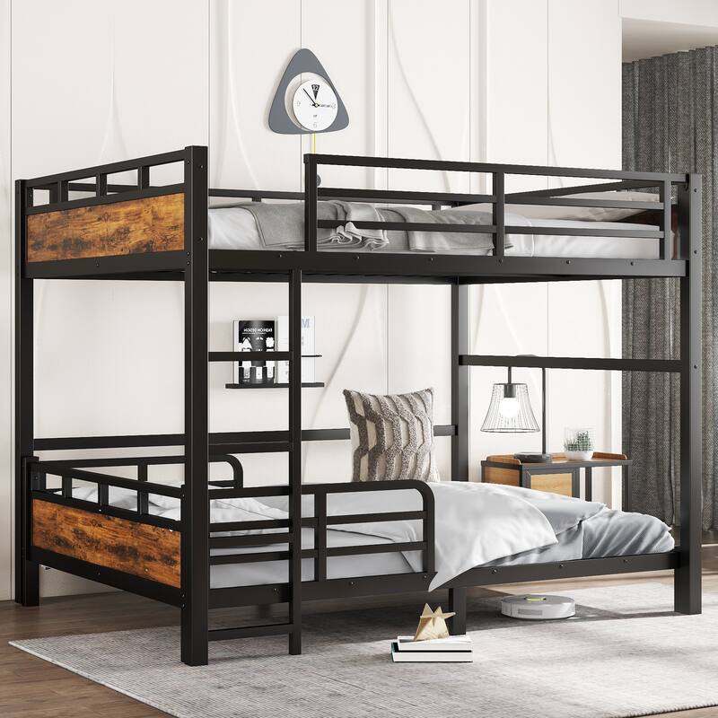 Metal High Loft Bed and Platform Bed, Heavy Duty Metal Bunk Bed Frame, Noise Free, Can be Converted into 2 Beds - Black+Vintage - Queen