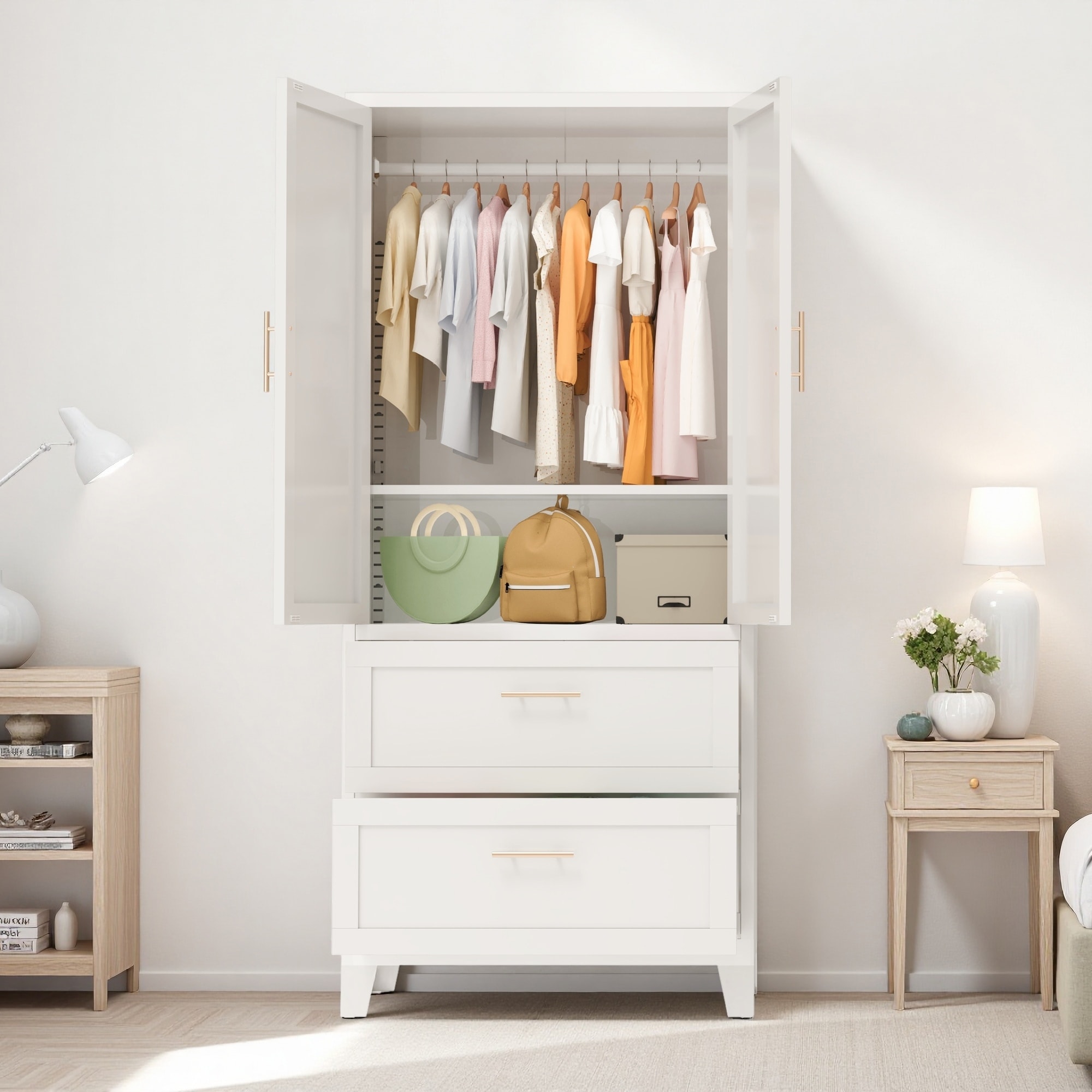 White Metal Wardrobe Closet with 2 Drawers and Hanging Rod, 71" Tall Bedroom Armoire Clothes Storage Cabinet with Shelf