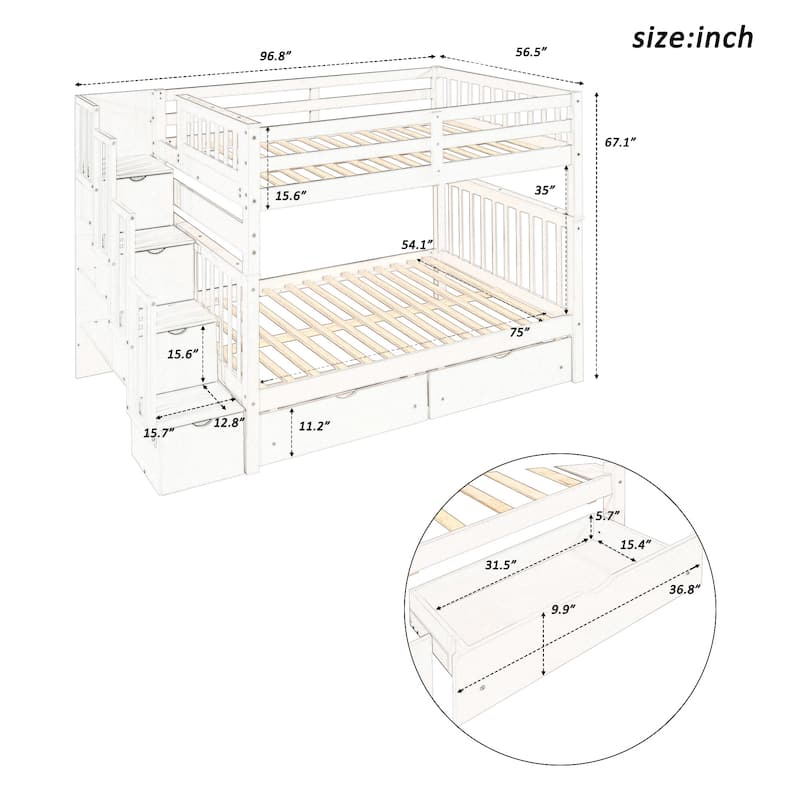 Full Over Full Bunk Bed with Shelves and 6 Drawers, White