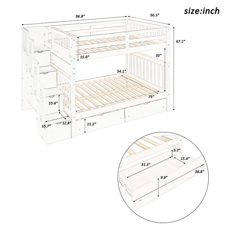 Full over Full Pine Bunk Bed with Staircase and Shelves