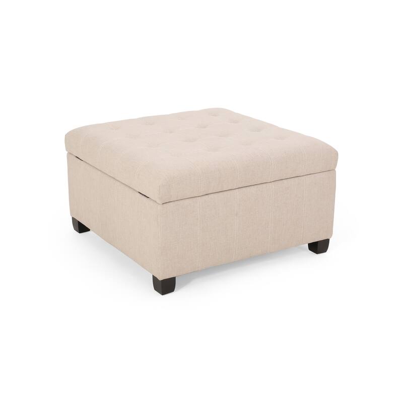 Upholstered Tufted Fabric Storage Ottoman with Birch Wood Legs
