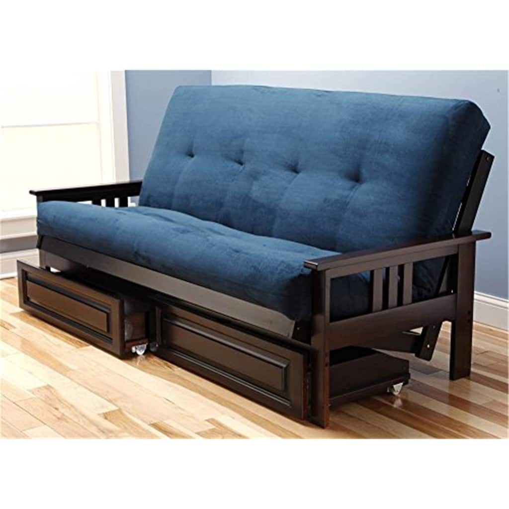 79 in. Espresso/Suede Navy Polyester Upholstered Full Size Futon Set with Mattress and Storage Drawers