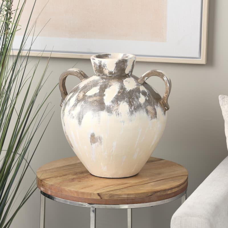 Ceramic Antique Style Pot Decorative Vase with Arched Handles - Cream - Roche River Decor