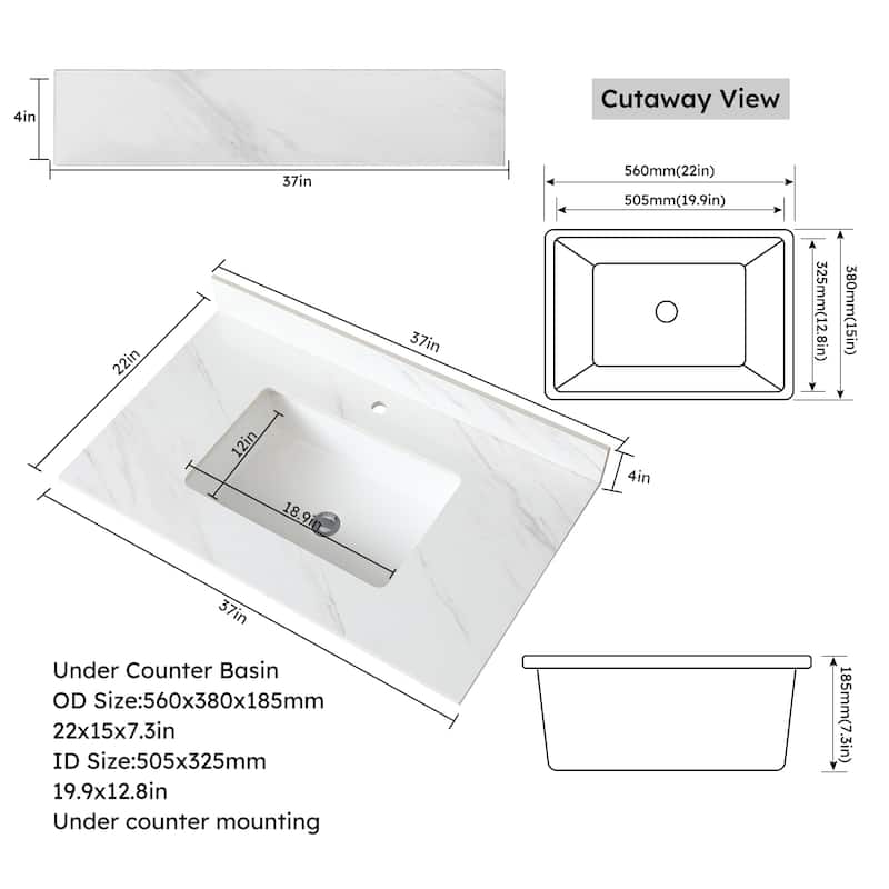37" Marble Vanity Top with 1 Pre-drilled Faucet Holes, Undermount Sink
