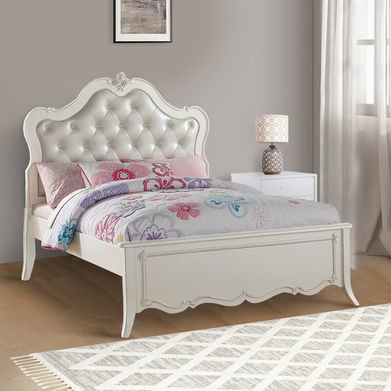 Pine Wood Twin Bed With Button Tufted Headboard, Pearl White