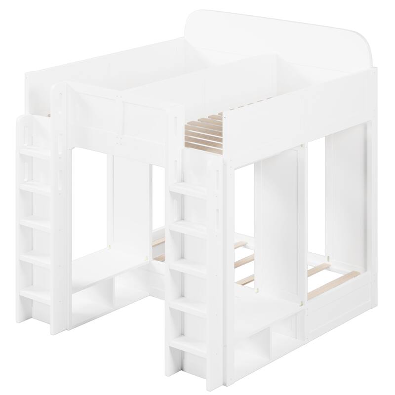 Triple Bunk Bed with Storage Shelves & Hooks, Twin + Twin over Twin XL, Space-Saving Design