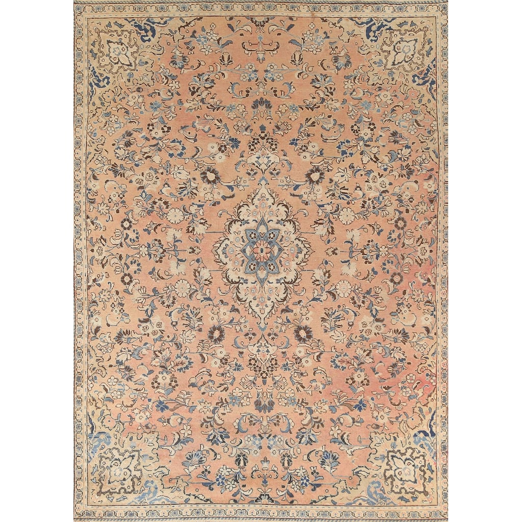 Floral Tabriz Persian Vintage Rug Handmade Coral Wool Carpet - 7'1"x 9'10"