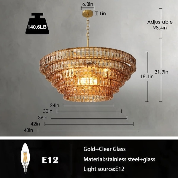 KAYLA 36in-67.4 in. 6-Lights Gold Crystal Drum Chandelier - On
