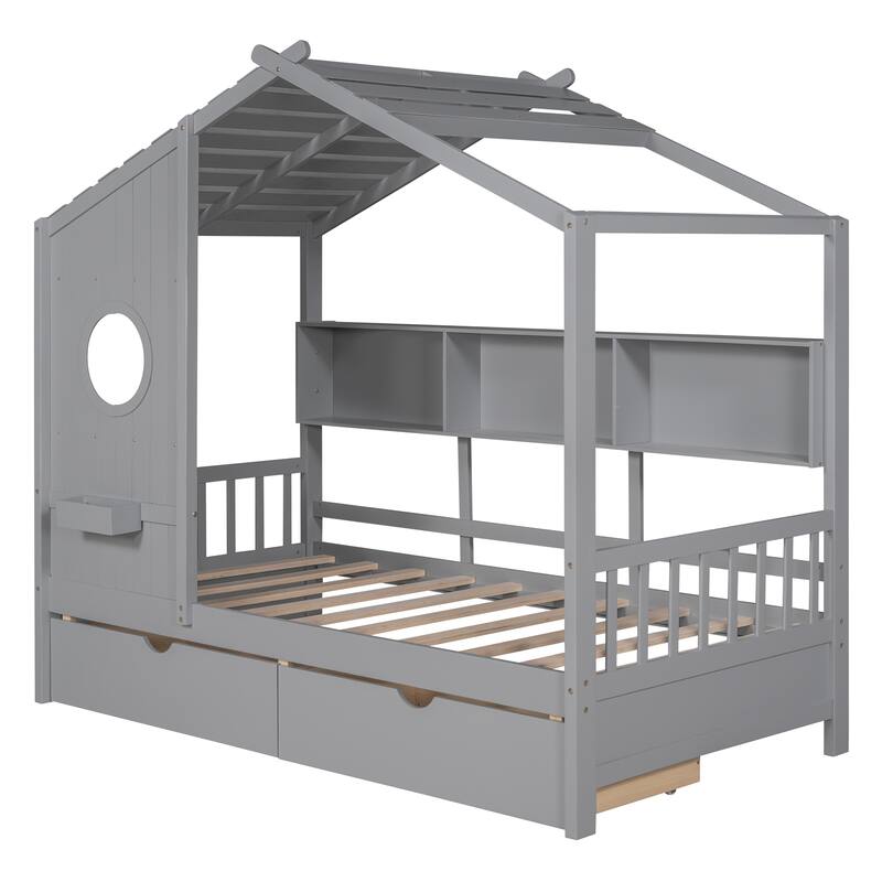 Pine House Bed with Drawers, Shelf & Roof