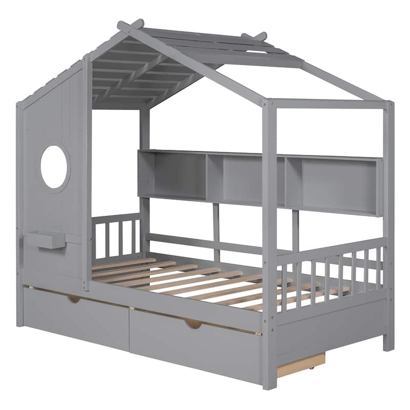 Twin Pine House Bed with Drawers, Shelf & Roof