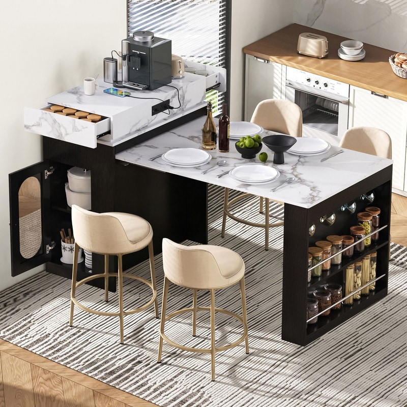 57.7" Kitchen Island with Extendable Top on Wheels, Kitchen Dining Table, Bar Table with Drawers and Power Outlet