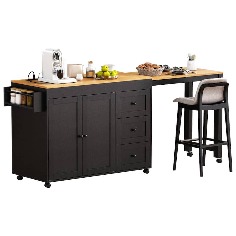 Extendable Dining Table, Rolling Kitchen Island with Power Outlet, Kitchen Storage Cabinet with Adjustable Shelve