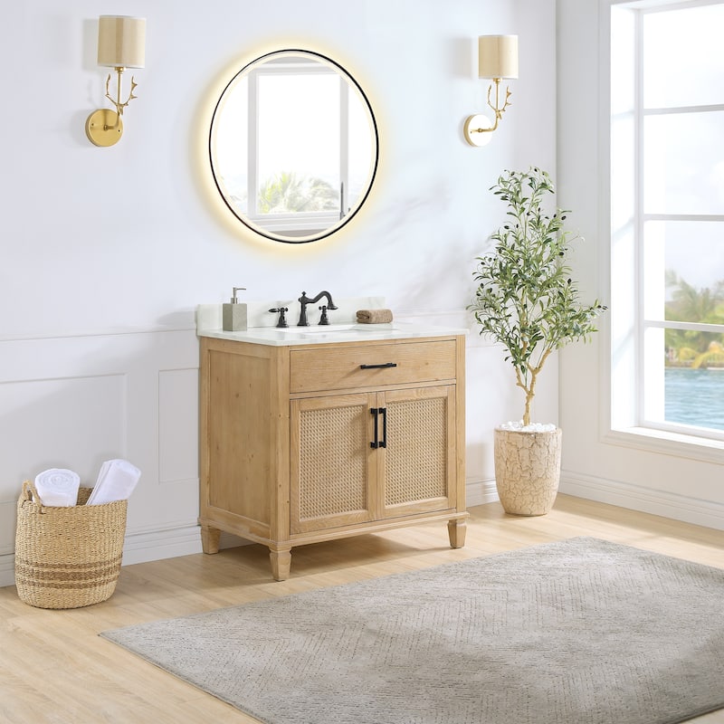 Altair Solana Bath Vanity with Calacatta White Quartz Stone Countertop with Mirror - 36 inch - Weathered Fir