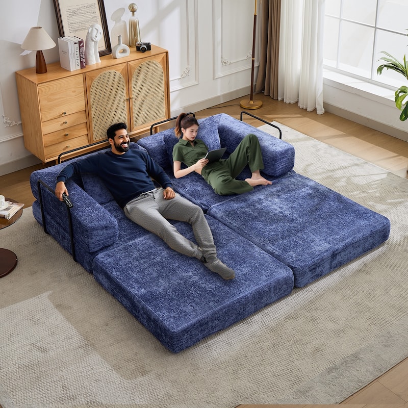 Chenille Loveseat Couch Boneless Modular Sectional Sofa Convertible Floor Sleeper Bed with Fixed-shape Frame for Living Room - Dark Blue