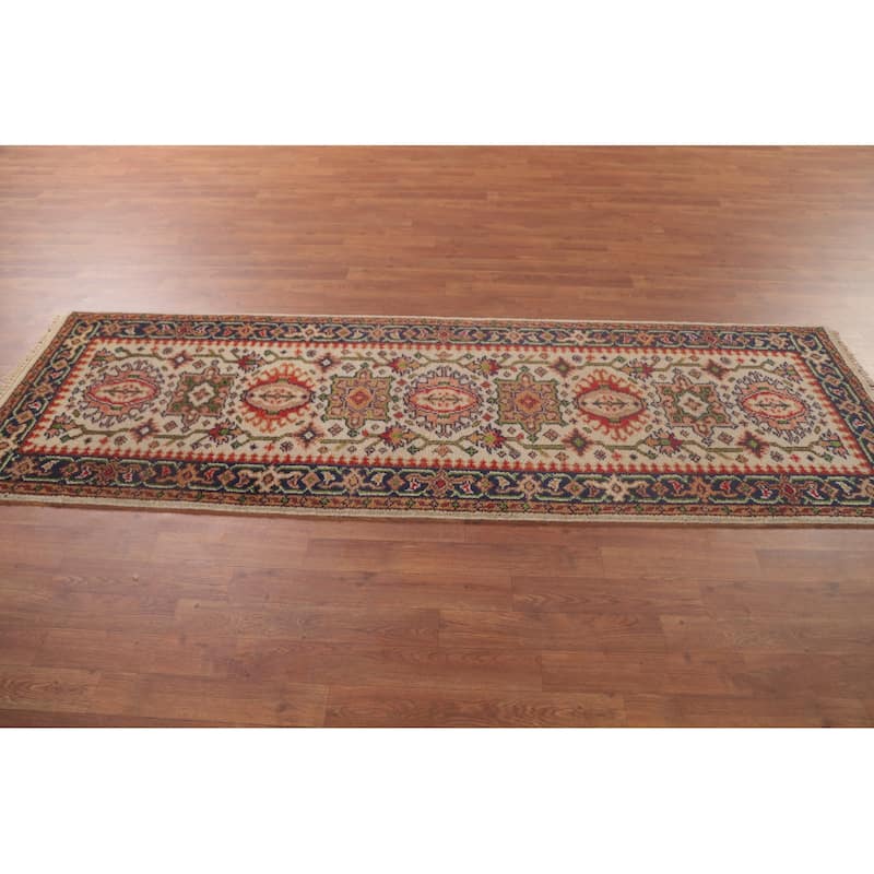 Beige Kazak Runner Rug Hand-Knotted Wool Carpet - 2'7"x 8'1"