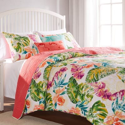 Greenland Home Fashions Tropics Finely Stitched Palm Leaf Reversible Quilt Set