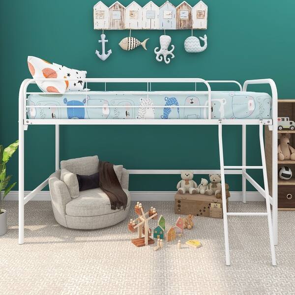 slide 2 of 5, Twin Metal Low Loft Bed with Sturdy Steel Frame, Ladders, and Safety Enhancements White