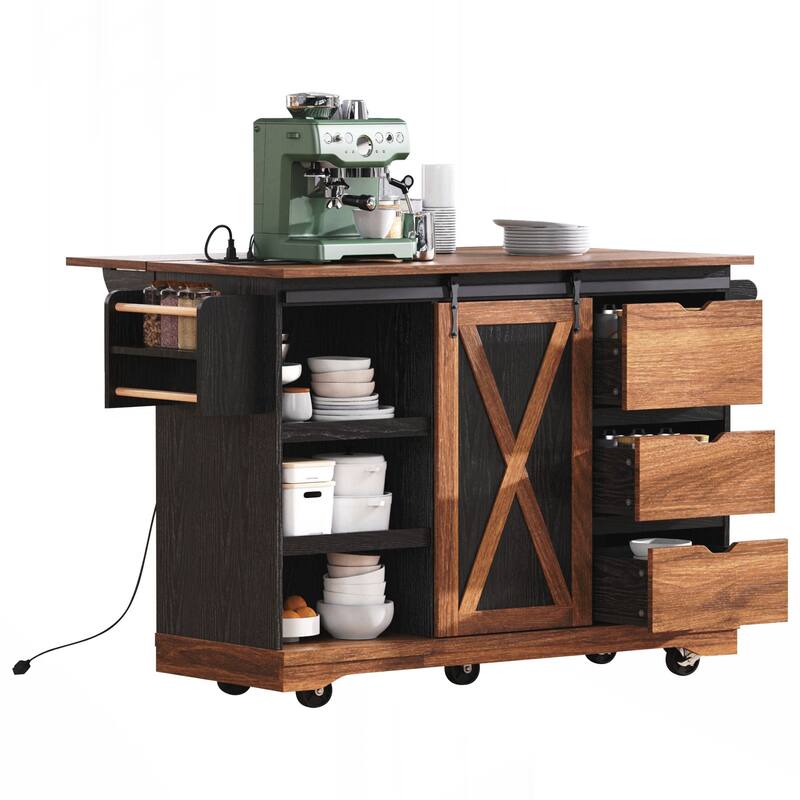 Farmhouse Kitchen Island with Drop Leaf, Kitchen Storage Island with Barn Door, Power Outlet, Rolling Kitchen Cart on Wheels