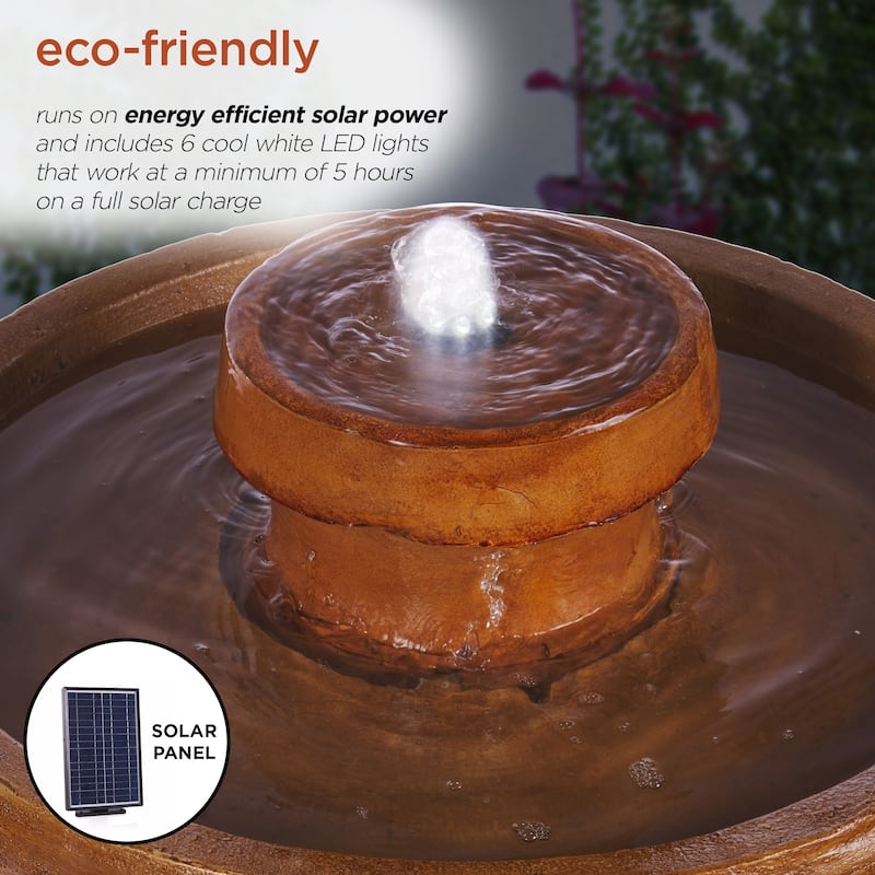 Alpine Corporation TZL202SLR 29" Brown Outdoor Solar Powered Pedestal Birdbath Fountain with LED Lights