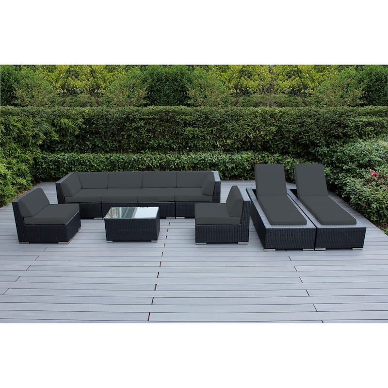 Ohana Outdoor Patio 9 Piece Black Wicker Sofa and Chaise Lounge Set - No Assembly - Grey